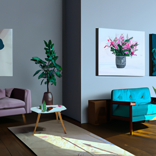 שלושה חדרים שונים מציגים בכל אחד ציורי שמן בגדלים שונים - יצירה קטנה בחדר עבודה נעים, יצירה בינונית בחדר שינה מסוגנן ויצירה גדולה בסלון מרווח.